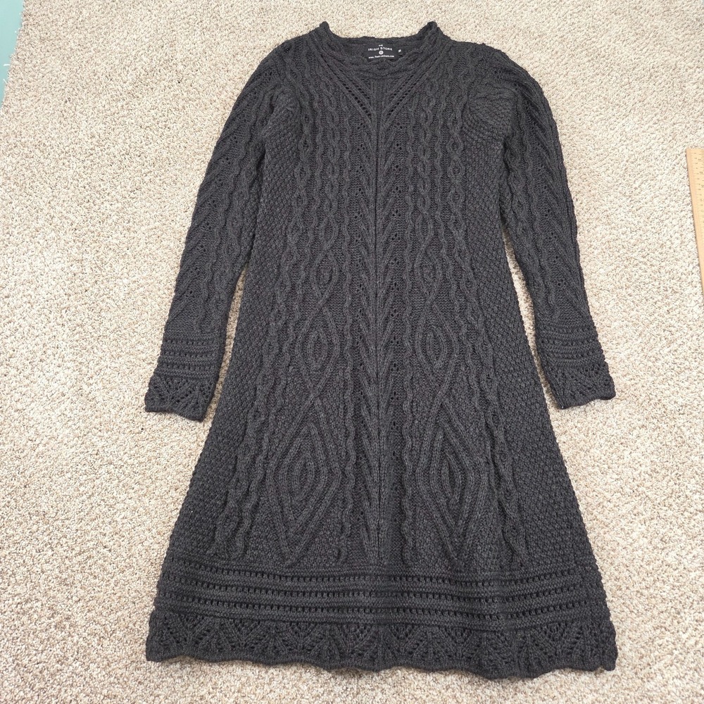 The Irish Store Cable Knit Wool Dress‎ M Aran 100% Merino Wool - Charcoal Grey